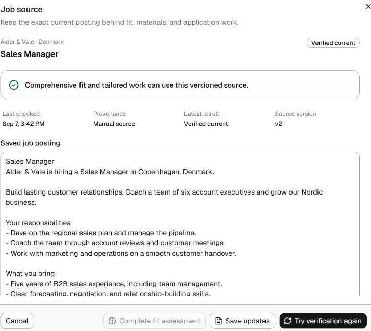 Fictional RoleKit job-source example: Sales Manager at Alder & Vale, showing source provenance and version. Not a real vacancy or application outcome.